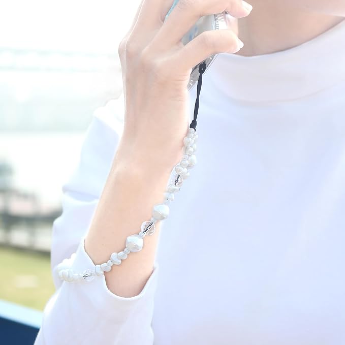 Beaded Camera Wrist Strap,Cute Phone Charm Decor,Pearl Bracelet Wrist Strap | Phone Keychain Decoration for Wallet,Durable Nylon Rope Lanyard,Compatible with all Phone Case,Silver Star - Image 5