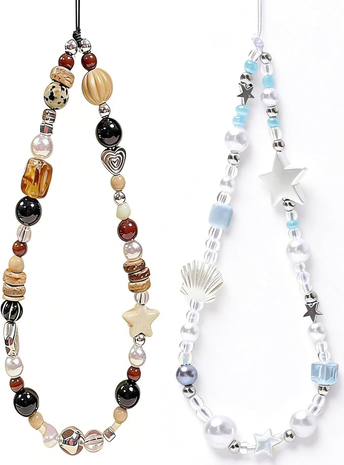 2 Pcs Phone Charm Strap Universal Hand Phone Wrist Strap Camera Lanyard Pearl Beaded Cute Chain String Accessories Universal for iPhone 17 16 Pro Max Samsung Women Girls Keychain Brown and White Star by Casecond