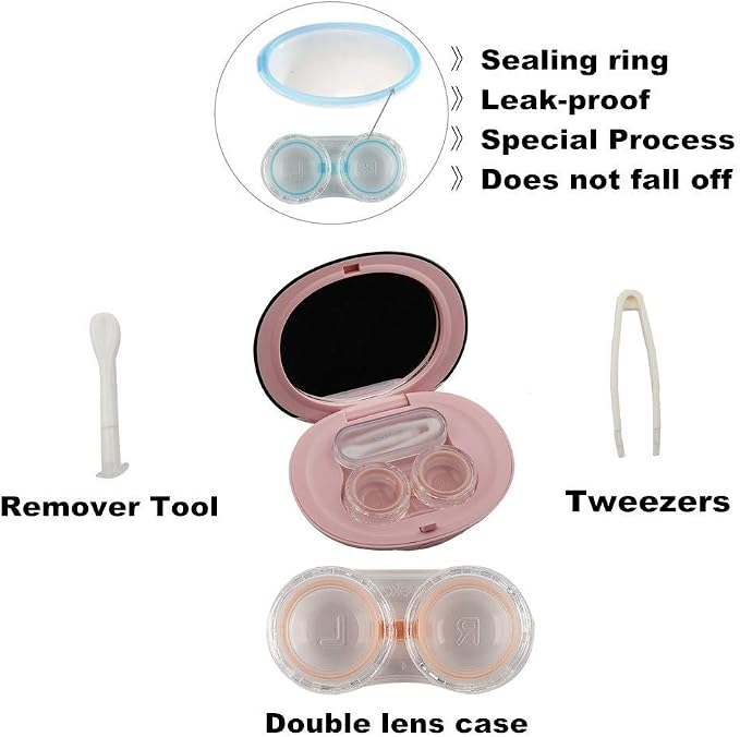 MUDOR Contact Lens Case-Cute Travel Kit with Mirror and Tweezers(Pink) | No Leak, Insert and Remover Tool - Image 3