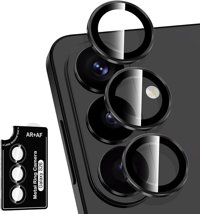 for Samsung Galaxy S26 Camera Lens Protector, Individual Metal Ring Tempered Glass Lens Cover, [Strong Adsorption] Scratch Resistant Ultra-Thin HD Clear Lens Cover, 1 Set-Black Ring by Btscase