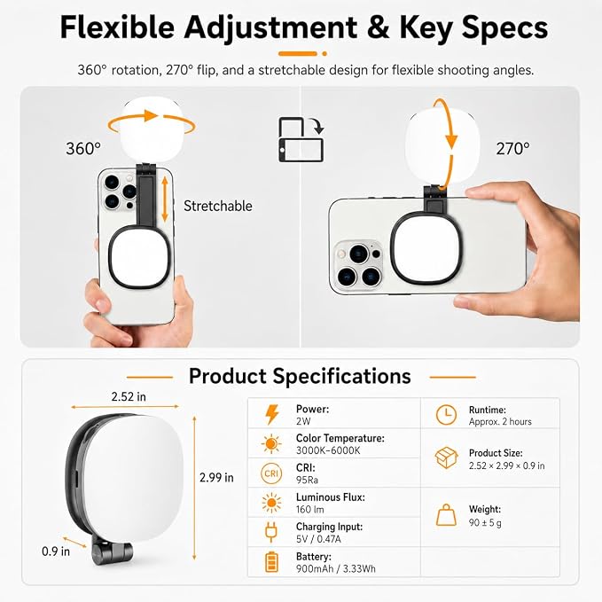 Magnetic Selfie Light Compatible with MagSafe, Foldable LED Phone Light with Mirror, 72 LEDs Stepless Brightness & Color Temperature, 360° Rotating Fill Light for Selfies, Makeup, TikTok, Zoom - Image 8