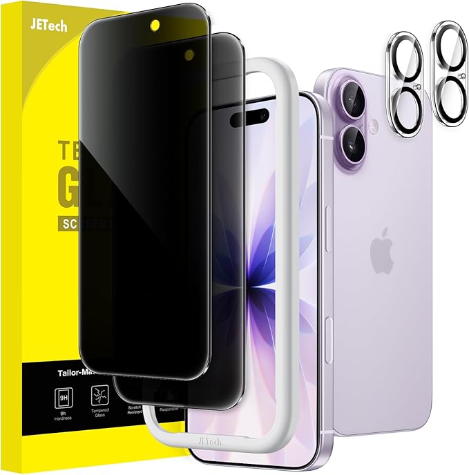JETech Privacy Screen Protector for iPhone 17, 2+2 Pack | Anti-Spy Tempered Glass, with Camera Lens Protector, Easy Installation Tool by JETech