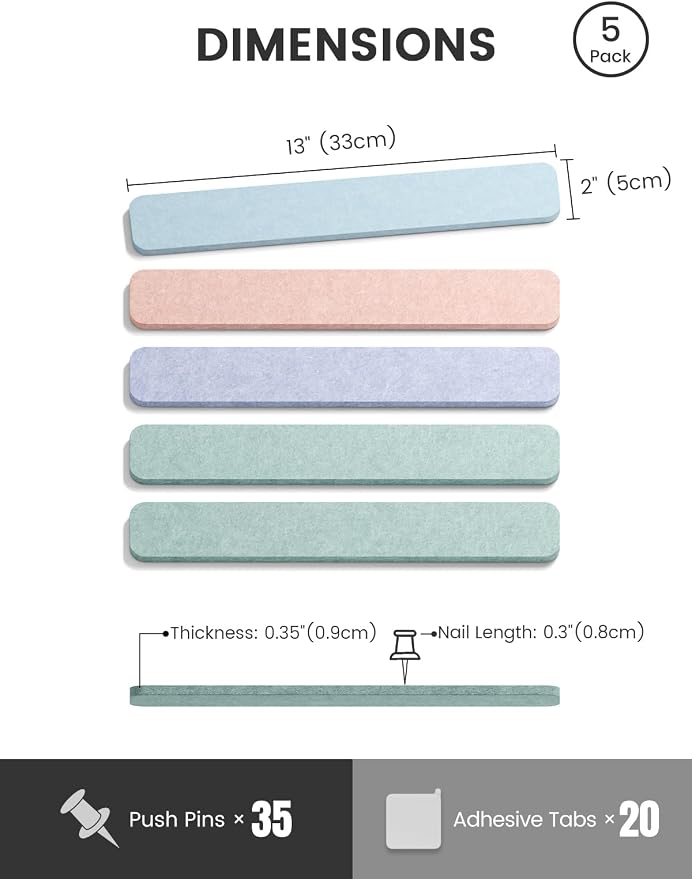 Fluxynara 13" x 2" Felt Wall Panels, Coastal Haze | 5-Pack Includes 35 Push Pins and Adhesive Tabs for Photos, Notes and Decor in Bedroom Doors, Home Office or Studios - Image 2