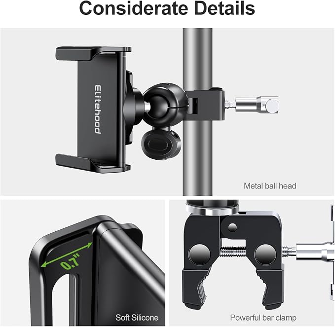 elitehood Swivel Tilt Phone Holder for Mic Stand Mount & Microphone Stand | Aluminum iPhone Mic Stand Holder, 360° Adjustable Phone Clamp Mount for Music Boom Microphone Stand, Fit All Cell Phone - Image 6