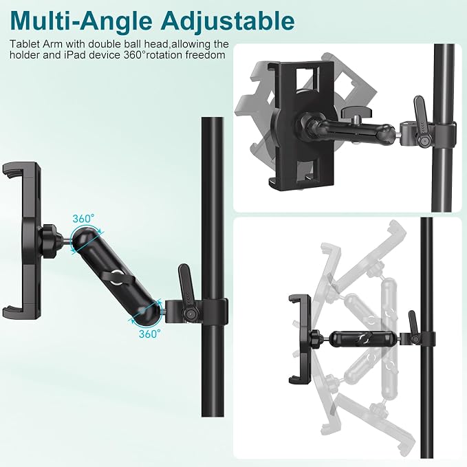 Mippko iPad Holder for Microphone Stand,Mic Music Stand Tablet Holder Mount,360°Adjustment Aluminium Alloy Arm Super Crab Clamp,Compatible with 4.7~12.9 inch iPad/Nexus/LG G Pads/Smartphones - Image 2