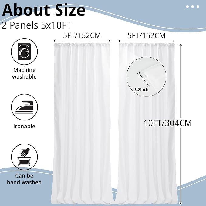 10x10FT White Backdrop Curtains for Parties, 5x10FT 2 Panels | Wrinkle Resistant Fabric Drapes for Photography Birthday Wedding Background Decorations Easy Hang Multipurpose Use - Image 3