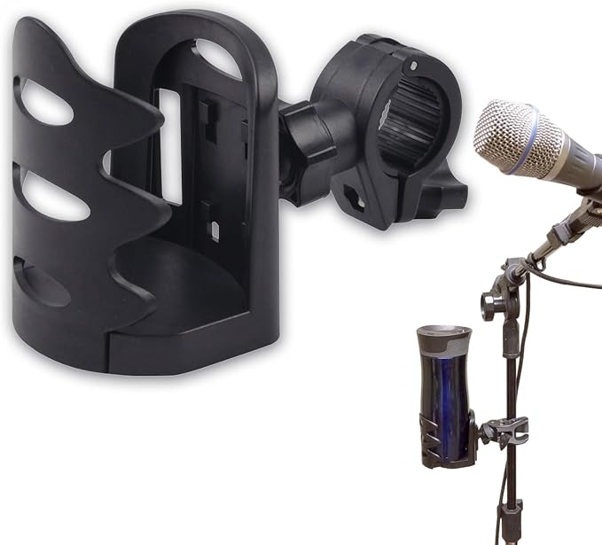 BRBASAP Stand Cup Holder Clamp Attachment Microphone Stand Adjustable Water Bottle Drink Caddy Mount for Music Handle Bar Pole or Gaming Chair Motorcycle Desk with Clip and Luggage Attachment, balck by BRBASAP