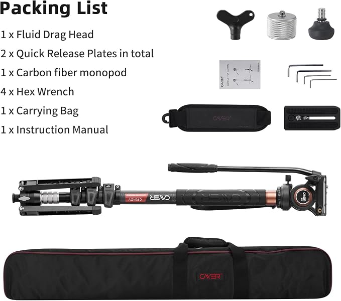 Cayer CF34 Carbon Fiber Monopod, 72" Fluid Head with Folding Base for DSLR | Carbon Fiber Monopod Kit, Fluid Head, Folding Support Base, 2 Quick Release Plates, Dual-Mode Compatible Mount - Image 8