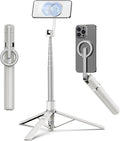 TONEOF 68" Magnetic Aluminum Phone Tripod Selfie Stick for iPhone & Android | Rechargeable Remote,360° Rotatable Foldable Cell Phone Stand Holder with Metal Ring,Travel Tripod for Magsafe (Beige Gray) by TONEOF