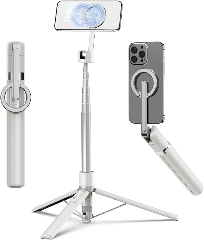 TONEOF 68" Magnetic Aluminum Phone Tripod Selfie Stick for iPhone & Android | Rechargeable Remote,360° Rotatable Foldable Cell Phone Stand Holder with Metal Ring,Travel Tripod for Magsafe (Beige Gray) by TONEOF
