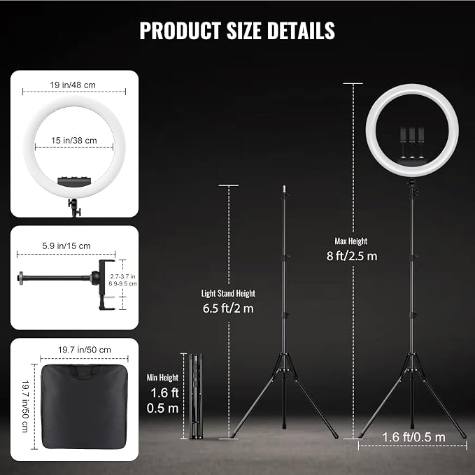 19" LED Ring Light with Stand, 78.7" Tripod, 3 Phone Holders | 45W Selfie Light, 2700K-6300K Adjustable Color, CRI 96+, Dimmable Brightness for Live Streaming, TikTok, YouTube, Makeup - Image 6