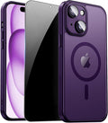 for iPhone 15 Case with Privacy Screen Protector, Purple | Full Camera Protection, Translucent Matte Magnetic, Compatible with MagSafe, Shockproof Phone Cover, Slim Fit Women/Girls by ZOZDOKG