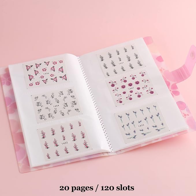 Fcozpjk 120 Slots Nail Stickers Storage Book Empty Stickers Album Holder | Pink Flowers Water Decals Collecting Stickers Display Showing Shelf Binder Case Manicure Tools Photo Collection Book - Image 8