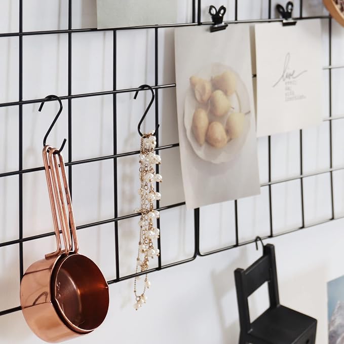 Wall Grid Panel for Photo Display,Wall Storage Organizer,5 Metal Clips & 3 S Hooks & 4 Nails & 4 Plastic Hanging Buckles and 4 Screws Offered,Size 17.5" x 11.8"，Set of 2 (Black) - Image 7