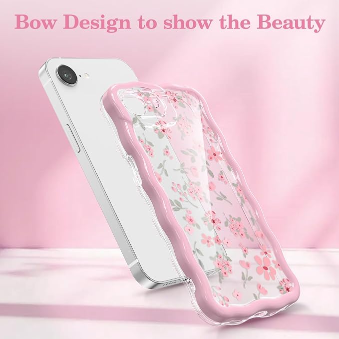QLTYPRI for iPhone 17e/16e Pink Flower Case, Clear Cute Pink Floral Flower Phone Case Curly Wavy Aesthetic Phone Cover, Soft Slim Transparent TPU Shockproof Protective Cover for Women Girls - Pink - Image 2
