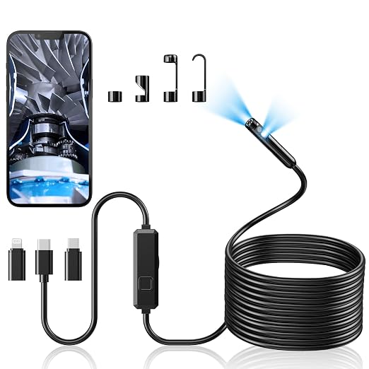 Endoscope Camera with Light, Dual-Lens 1920P HD Borescope with 8 Adjustable LED Lights, IP67 Waterproof Boroscope Inspection Tools, 33ft Semi-Rigid Snake Camera for iOS & Android by Acoath
