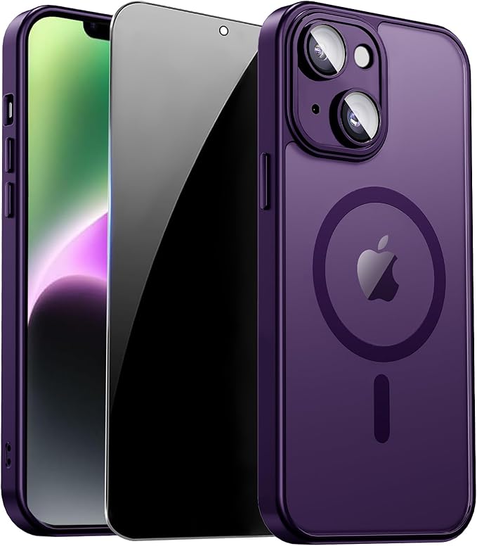 for iPhone 14 Case with Privacy Screen Protector, Purple | Full Camera Protection, Translucent Matte Magnetic, Compatible with MagSafe, Shockproof Phone Cover, Slim Fit Women/Girls by ZOZDOKG