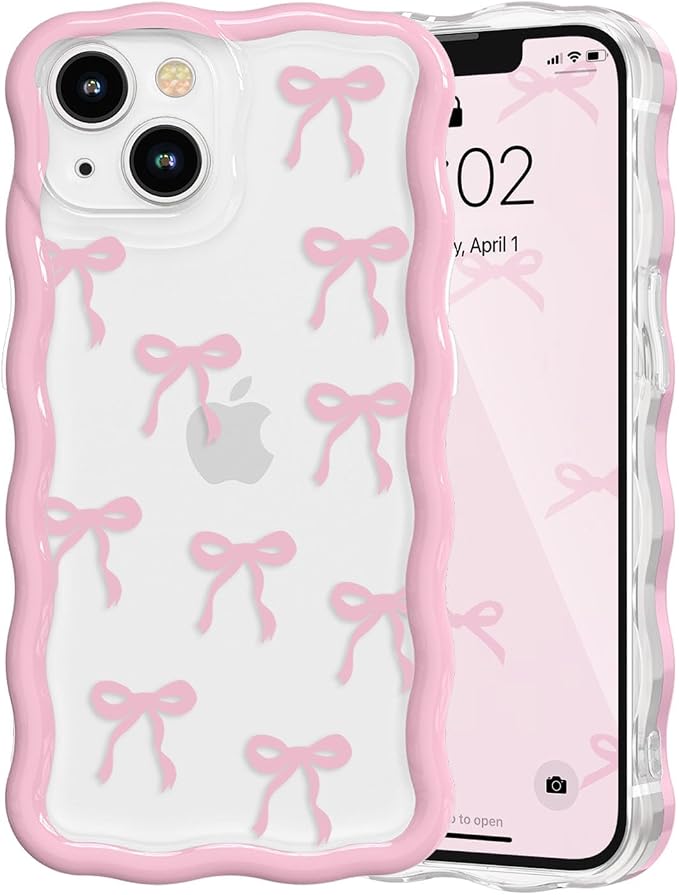 QLTYPRI for iPhone 14 Plus/15 Plus Pink Bow Case,Clear Cute Pink Ribbon Bow Phone Case Curly Wavy Aesthetic Phone Cover,Soft Slim Transparent TPU Shockproof Protective Cover for Women Girls-Ribbon Bow by QLTYPRI