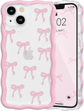 QLTYPRI for iPhone 14 Plus/15 Plus Pink Bow Case,Clear Cute Pink Ribbon Bow Phone Case Curly Wavy Aesthetic Phone Cover,Soft Slim Transparent TPU Shockproof Protective Cover for Women Girls-Ribbon Bow by QLTYPRI
