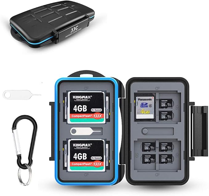 JJC Memory Card Case Holder for 4 CFast Compact Flash/8 SD/16 Microsd Card | 28 Slots CF Card Storage Case, IPX6 Water-Resistant & Shockproof, Durable ABS Shell with Rubber Interior, Includes Carabiner by JJC