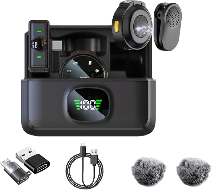 2 Pack Wireless Lavalier Microphone for iPhone 15, Android, USB C, ipad with Adapter Included, Noise Cancellation Mini Lapel Mic for YouTube, Recording, Vlog, Facebook Live Streaming (Black) by Caiord