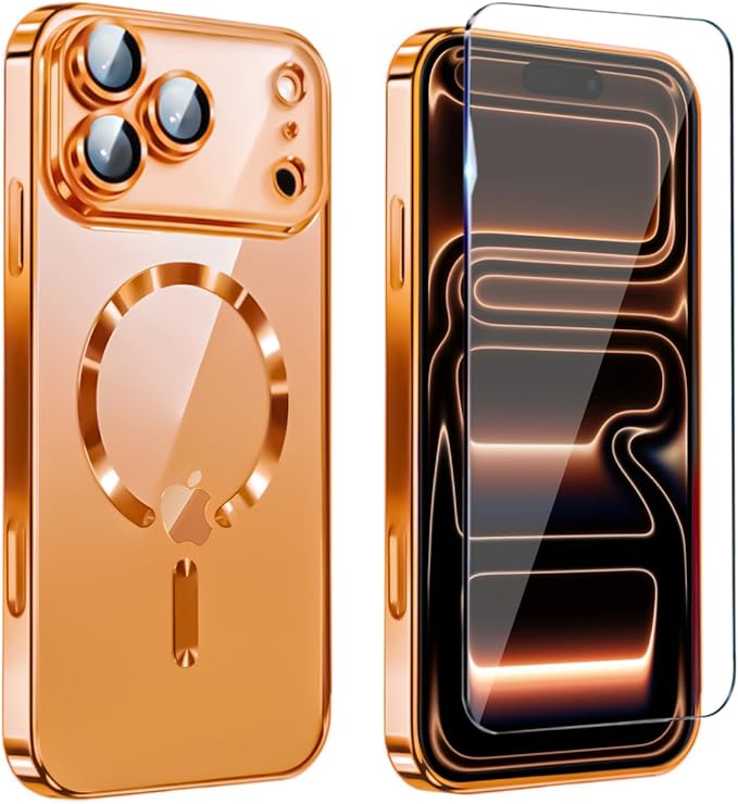 Magnetic Glossy Case for iPhone 17 Pro,iPhone 17Pro Phone Case Slim Clear Luxury with Screen Protector & Camera Protector [Compatible with MagSafe], Shockproof Cover for iPhone Pro 17-Orange by Unknown