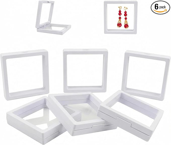6 Pack 3D Floating Jewelry Display Case, Transparent Floating Jewelry Box for Necklaces Earrings Rings, Clear Gift Display Frame Storage Box (White 3.5x3.5 in) by Unknown
