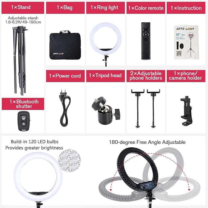 18 inch LED Ring Light with Tripod Stand Dimmable Makeup Selfie Ring Light for Studio Portrait YouTube Vlog Video Shooting with Carrying Bag and Remote Controller, CRI 90 - Image 5