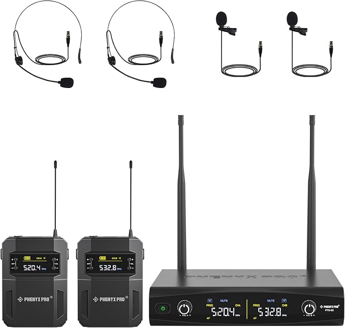 Phenyx Pro UHF Wireless Microphone System w/ 2x30 Tunable Frequencies, Metal Cordless Mic Set, 200 ft Range, 2 Bodypacks & Headsets/Lapel Mics for Speaking, Singing, Church, DJ (PTU-52-2B) by PhenyxPro