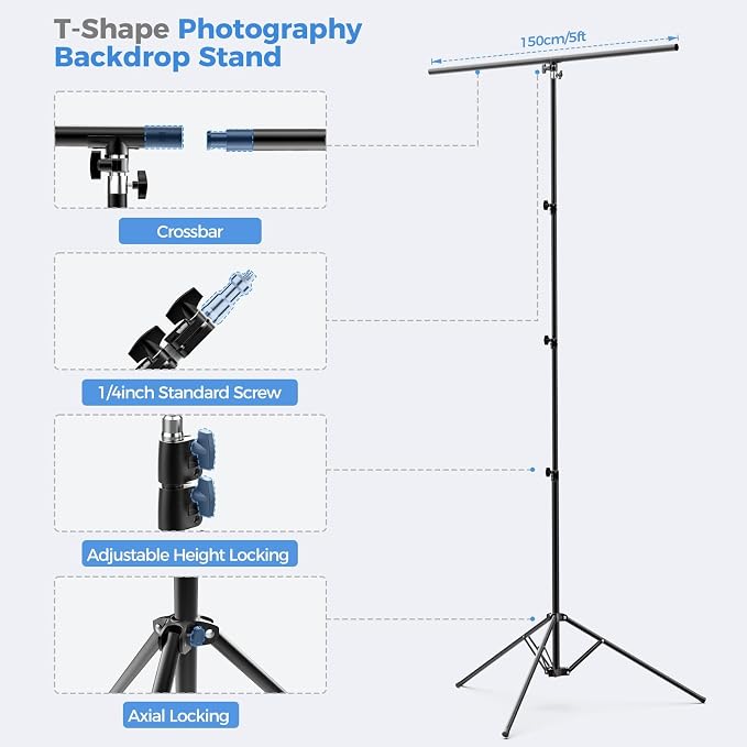 EMART 5 * 10ft White Photo Backdrop Stand Kit with T-Shape Stand | Portable lightweight T-shaped metal stand for easy setup，suitable for portrait photography, live streaming, content recording - Image 4