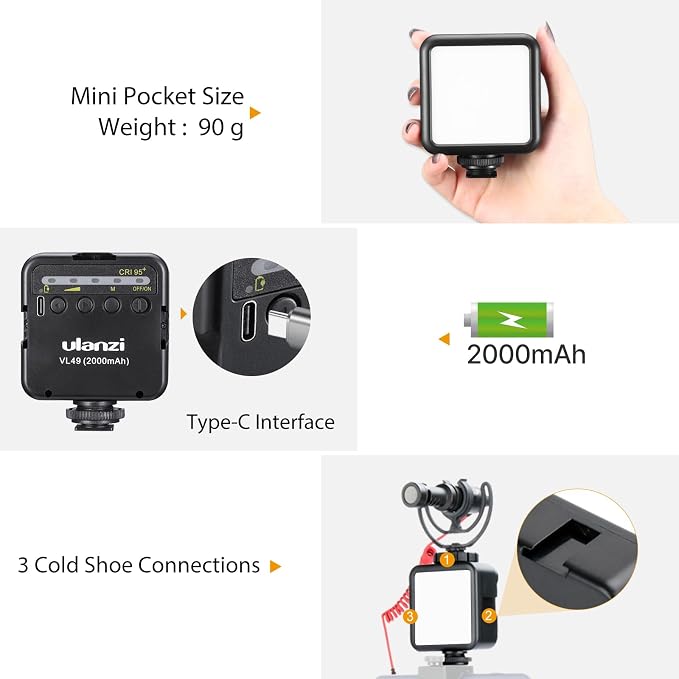 Ulanzi VL49 On-Camera LED Video Fill Light, 5500K 2000mAh Rechargeable | CRI95+, 3 Cold Shoe Light, Dimmable Brightness, Portable Mini Photography Lighting, for Vlog TikTok YouTube Live Streaming - Image 2