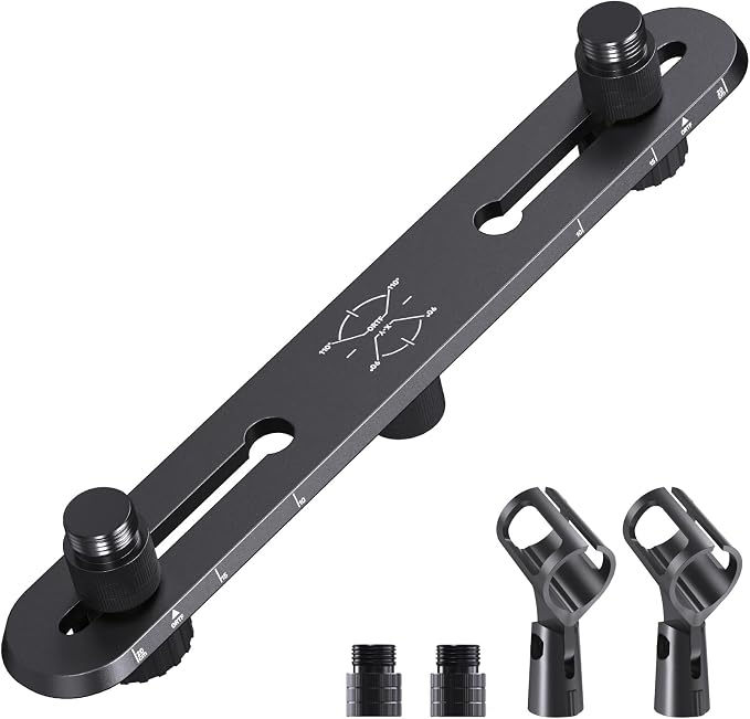 Stereo Array Spacing Mic Bar Mount, Aluminum Dual Holder with Ruled Marking | Adjustable Positioning, Durable Aluminum Construction, Fits 5/8, 3/8 & 1/4 Stands, for XY/ORTF Recording, Studio, Podcasting by EtourAudio
