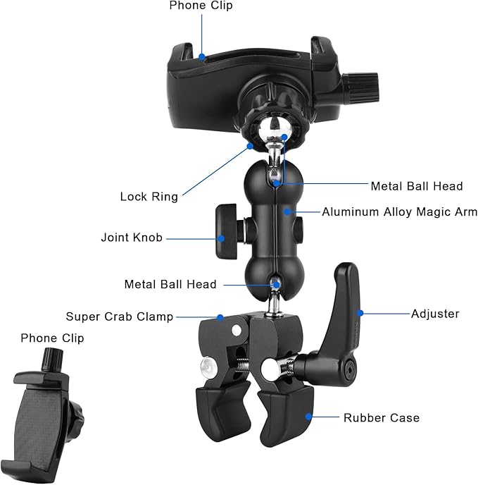 Mippko Phone Holder Clamp Mount for Treadmill/Spin Bike/Baby Stroller/Golf Cart/Music Stand/Microphone Stand/Handlebar,Compatible with 3.5~7.5" iPhone/Smartphone,360°Adjustable Aluminum Alloy Mount - Image 3
