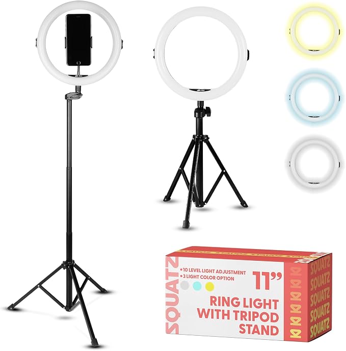 11" Selfie Ring Light with 61" Tripod Stand, LED Ring Light with Phone Holder, Wired Control USB, 10 Brightness Levels, 3 Color Modes, Adjustable for Video Recording, Zoom Meetings, and YouTube by SQUATZ