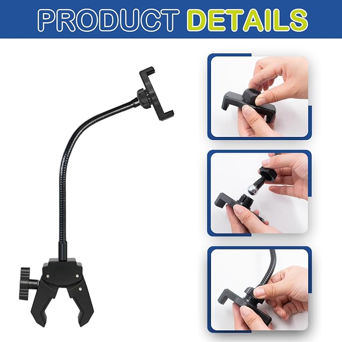 Mic Stand Phone Holder, 15.7 Inch Long Flexible Gooseneck Mount Clamp for Microphone Music Stand Tripod Fill Light Pole, Cell Phone Clip for iPhone, Galaxy, All Smartphones - Image 3