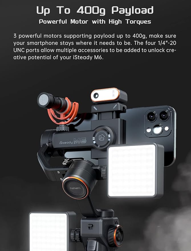 Hohem iSteady M6 Kit Gimbal Stabilizer for iPhone &Android,3-Axis Gimbal | AI Tracking,Magnetic Fill Light,0.91-inch OLED Display, 400g Max Payload ,360° Inception Mode,18h Battery - Image 5