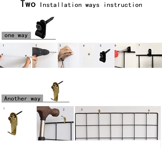 Wall Grid Panel for Photo Display,Wall Storage Organizer,5 Metal Clips & 3 S Hooks & 4 Nails & 4 Plastic Hanging Buckles and 4 Screws Offered,Size 17.5" x 11.8"，Set of 2 (Black) - Image 6