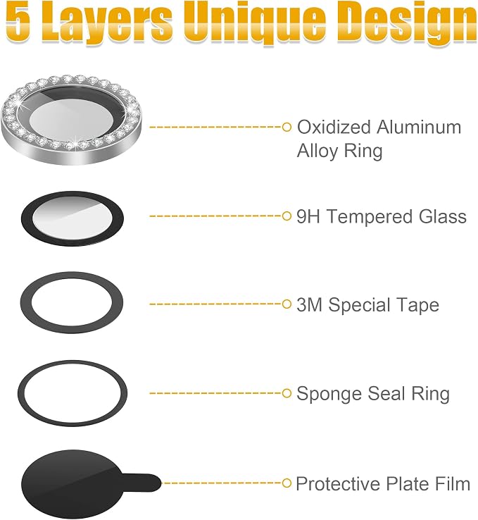 AGVEE 3+3 6 Pack for iPhone 13 Pro & Max Camera Lens Protector Cover | Individual Bling Diamond & Bling Glitter Sparkle Cute Gem Metal Ring, 9H Tempered HD Glass - Image 7