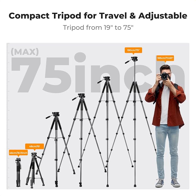 K&F CONCEPT 75" Aluminum Camera Tripod, Lightweight and Compact for Travel | Compatible with Canon Nikon DSLR Camera, Cellphone Clip and Remote Control for Shooting and Video Recording S255A3+BV01 - Image 4