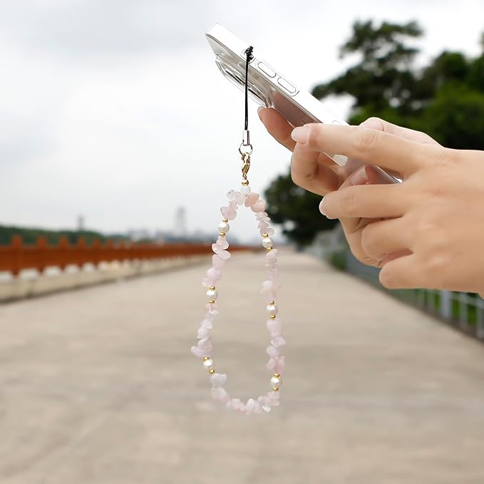 Natural Gemstone Phone Charms Wrist Strap - Cell Phone Lanyard Beaded Strap for Women Girls (Pink) - Image 3
