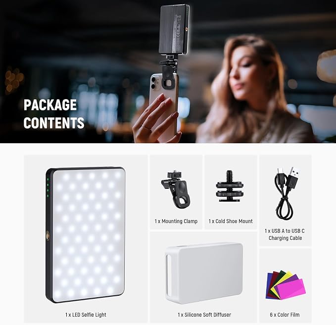 NEEWER Basics LED Selfie Phone Light for iPhone Camera Laptop, BL120B | Clip on Fill Light, Color Films, Diffuser, 3000mAh Rechargeable, 2500K-9000K CRI95+ Video Conference Lighting for Zoom Call - Image 9