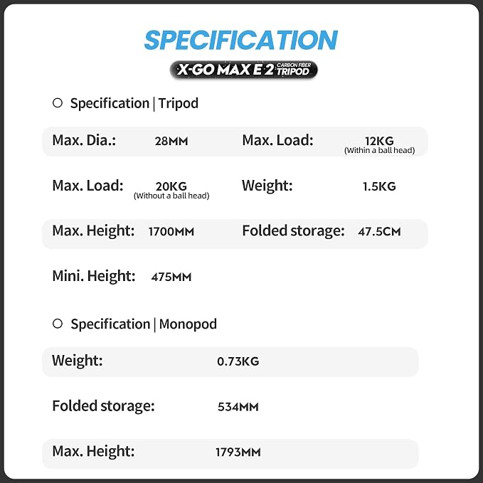 Fotopro 68" Carbon Fiber Travel Tripod, Heavy Duty Camera Tripod with Ball Head, Detachable Monopod with Quick Release Plate and Bag, Load up to 12KG/26lbs - Image 6