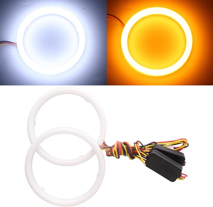 Qasim 1-Pair 100MM White+Amber Switchback 132SMD 4014 LED Halo Ring Angel Eyes DRL Warning Lights 12V by Qasim
