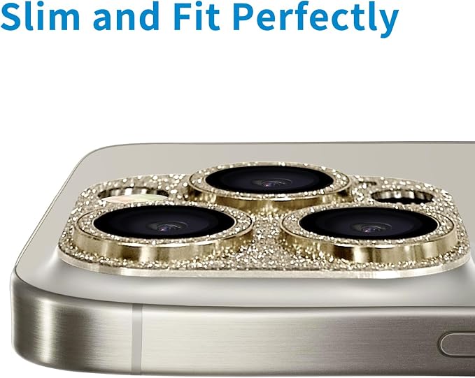 for iPhone 15 Pro & iPhone 15 Pro Max Camera Lens Protector, Bling 3D Rhinestone Diamond 9H Tempered Glass Camera Cover Anti Scratch Shockproof Lens Screen Full Protective Cover -Gold - Image 5