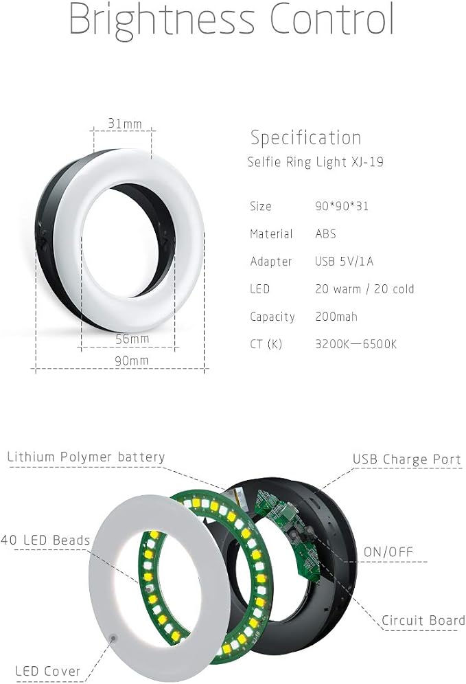 XINBAOHONG Selfie Ring Light Rechargeable Portable Clip-on Selfie Fill Light with 40 LED for Smart Phone Photography, Camera Video, Girl - Image 3