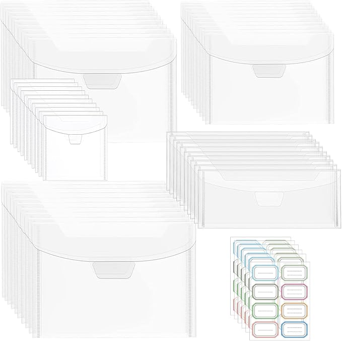 50 Pieces Clear Stamp and Dies Storage Bags,Plastic Scrapbooking Storage 5 Sizes Die Storage Pockets Resealable Plastic Envelopes Pockets for with Label Stickers for Cutting Dies Stencil Stamp Craft by CYFUNDESIGN