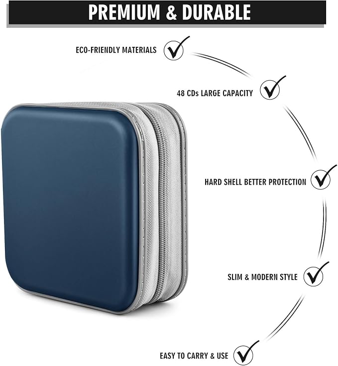 CD/DVD Case Wallet, 48 Capacity, Dark Blue, Portable, Lightweight, Durable Plastic and Non-Woven Fabric Material | Zipper‑DVD Organizer, Scratch‑Resistant Sleeves Shield Discs From Dust & Damp; Stores Music, Video, Gaming & Blu‑ray Discs - Image 3