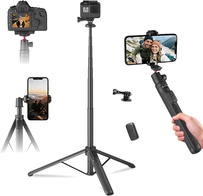 66" Selfie Stick Tripod for GoPro & Phone, Extendable Action Camera Tripod Stand with 360° Ball Head, Remote, Cold Shoe & 1/4" Screw, Compatible with GoPro Hero 14/13/12, DJI Osmo, Insta360 X5 by KINGJOY