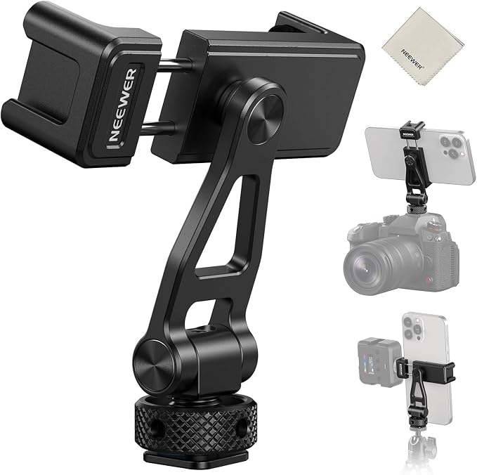 NEEWER Adjustable Phone Tripod Mount with Cold Shoe 1/4" Thread 180° Tilt 360° Rotation Cleaning Cloth Phone Clamp Holder Compatible with iPhone Samsung Android Camera Cage for Video Recording, GA010 by Neewer