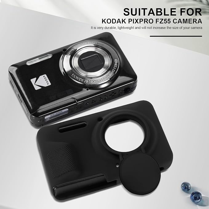 Camera Case for Kodak PIXPRO FZ55 with 2-Pack Screen Protector | Cute Charm Wrist Strap, Soft Silicone Protective Case with Removable Lens Cap for Kodak FZ55 Accessories - Black - Image 7